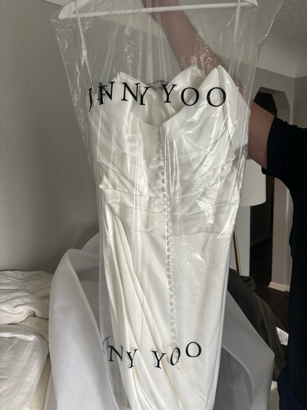 Wedding Gown byJenny Yoo White Off-Shoulder Satin Wedding Dress with Draped Side - Picture 8 of 8